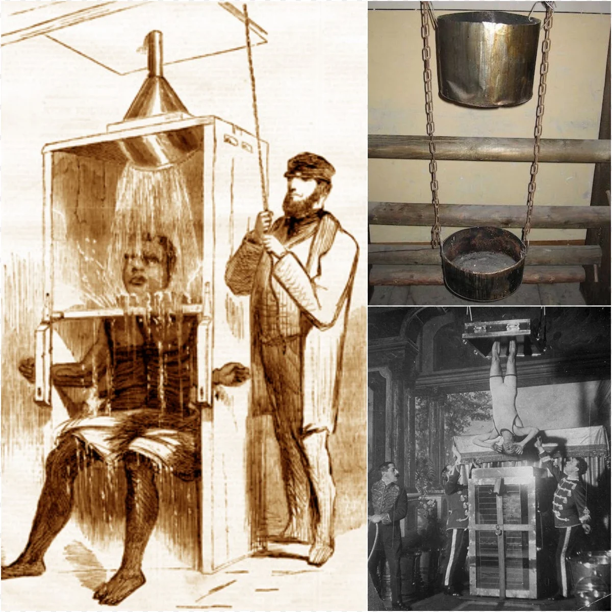 A historical collage depicting the classic setup of Chinese water torture with a dripping water vessel.