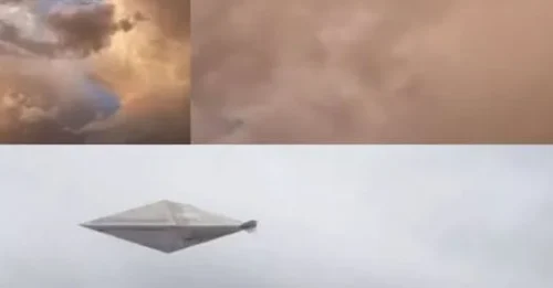 A triangular UFO spotted hiding in the clouds above White Sands Missile Range sparks theories of secret alien surveillance of U.S. weapons.