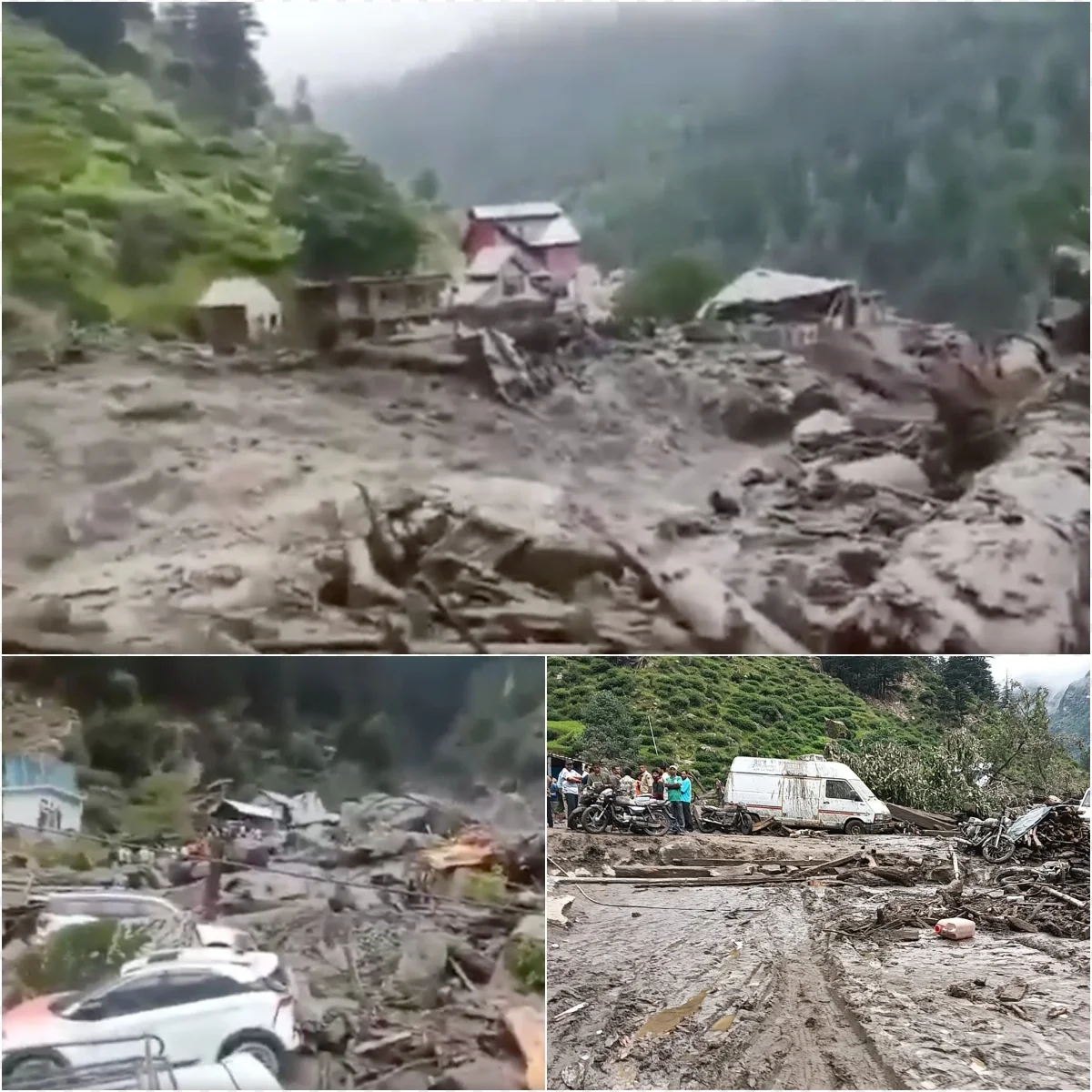 A drone shot showing the aftermath of a massive glacial mudslide in the Himalayan mountains.