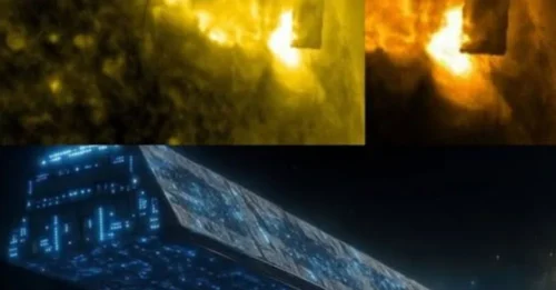 Earth-Sized Rectangular Spacecraft Appears Above the Sun
