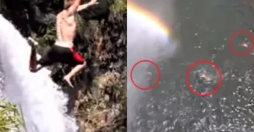 A 21-year-old man jumped off a Hawaiian waterfall seeking a 'thrill'... but what he got instead was a stretcher