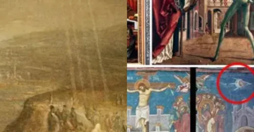 Are mysterious UFOs and bizarre alien figures hidden in ancient religious paintings evidence of early ET visits?