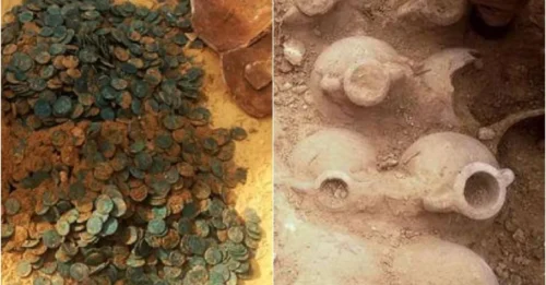 While digging the water pipe, workers discovered a huge Roman treasure weighing 600kg, including 19 ancient vases containing thousands of unused coins dating from the 3rd and 4th centuries