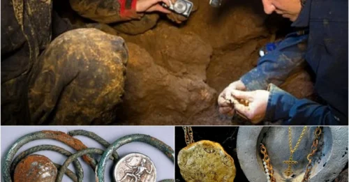 Gold coin bracelets and gold rings were found hidden in a narrow cavity among broken pottery shards in a cave dating back more than 6,000 years ago