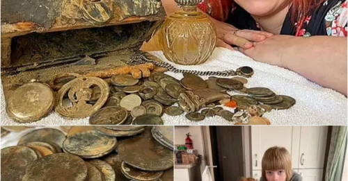 A woman scavenging on the beach was lucky enough to discover a wooden treasure chest containing about 100 ancient coins and gems dating back to the Middle Ages.