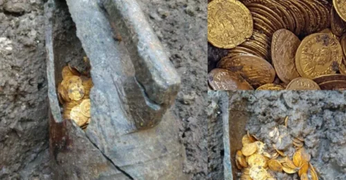 Workers found hundreds of gold coins of “incalculable” value that were discovered buried beneath a cinema
