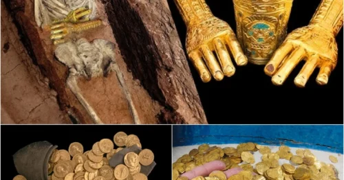 Priceless remaining artifacts: Roman golden gloves and golden cremation urns and more than 300 Roman coins discovered at the Roman settlement 400 BC