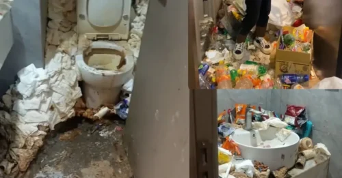 Un video macabro muestra a un huésped del hotel salir de la habitación en un estado de malestar estomacal con una montaña de papel higiénico y cajas de comida para llevar.