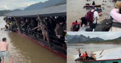 DESASTRE DE BARCO: Momento aterrador en el que turistas británicos corren a salvo mientras el agua llena el ferry que se hunde tras chocar con una roca y volcar.