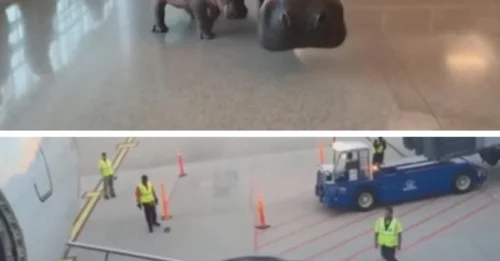 A Zoo's Warning: A Hippo Mom Rebels to Take Her Calf on Vacation, Storms the Airport Terminal, and Creates an Unbelievable 'Sightseeing' Tour.