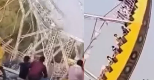 14 niños resultaron heridos después de que una atracción de parque temático colapsara en India, enviando a los jóvenes pasajeros al suelo mientras los espectadores observaban conmocionados.