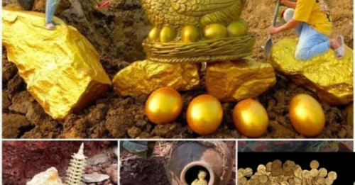 A lucky man discovered a treasure trove of hens and a nest of pure gold eggs inside an 8,000-year-old tomb with countless gold and silver jewelry that many people crave
