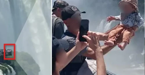 ¡TONTO DEL AGUA! Momento aterrador en el que un turista idiota sostiene a su BEBÉ por una caída de 79 metros en la cascada 'Garganta del Diablo', solo para una foto