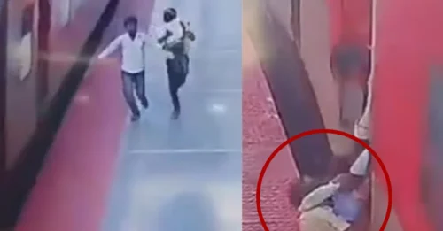 Este es el horrible momento en el que un padre y su hijo pequeño fueron arrastrados por un tren en movimiento mientras unos espectadores desesperados intentaban rescatarlos.