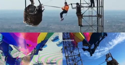 UN DESASTRE: Momento de infarto: un globo aerostático se estrella contra una torre y deja a los pasajeros colgando a 300 metros de altura.