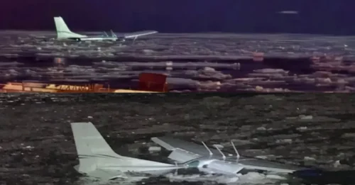 TERROR EN AVIÓN: Un avión se estrella en el río Hudson durante un aterrizaje de emergencia mientras el piloto y el pasajero nadan en aguas heladas para ponerse a salvo.