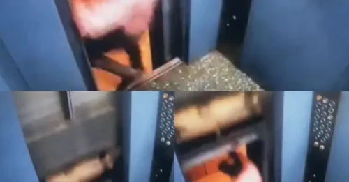VIAJE DIFÍCIL: Momento aterrador en el que un hombre engaña a la muerte cuando un ascensor defectuoso sube bruscamente cuando se baja, atrapándolo casi en el hueco.