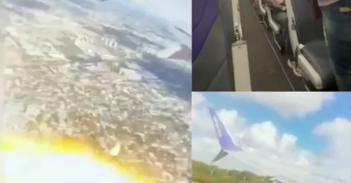 MIEDO DE LLAMA! Momento de horror: el motor de un avión escupe llamas tras el impacto de un ave que obliga a un aterrizaje de emergencia mientras los pasajeros rezan por sus vidas.