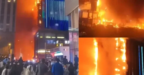 TORRE EN LLAMAS!  Dramático momento en que las llamas arrasan un rascacielos en China, dejando un muerto y 25 heridos.