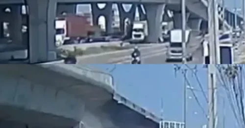 DRAMA DE ACCIDENTE! Impactante momento en que un camión hormigonera se precipita desde un puente tras atravesar la barrera; el conductor, de 61 años, es trasladado de urgencia al hospital.