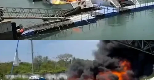 EXPLOSIÓN MORTAL! Momento de horror: una lancha motora turística explota y se incendia, causando la muerte de una persona, mientras los espectadores, conmocionados, se apresuran a ayudar.