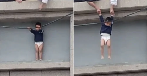 ¡MOMENTO CARDIACTO! Un niño de tres años, en pañales, atrapado en una cornisa a 10 metros de altura: así fue su rescate milagroso en China.